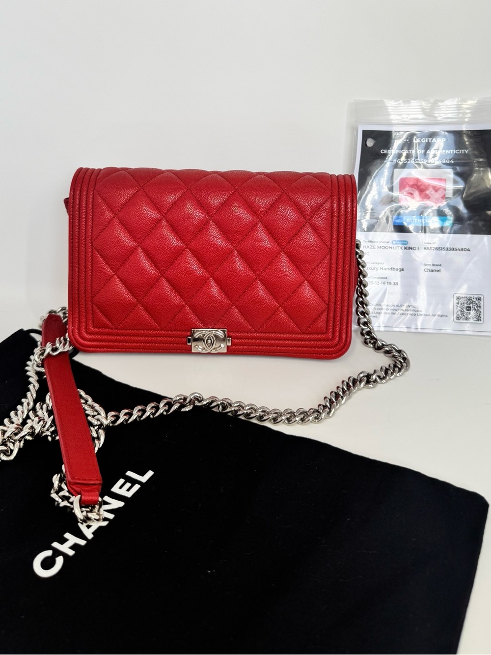 Authentic CHANEL Red Quilted Caviar Leather Boy Wallet on Chain